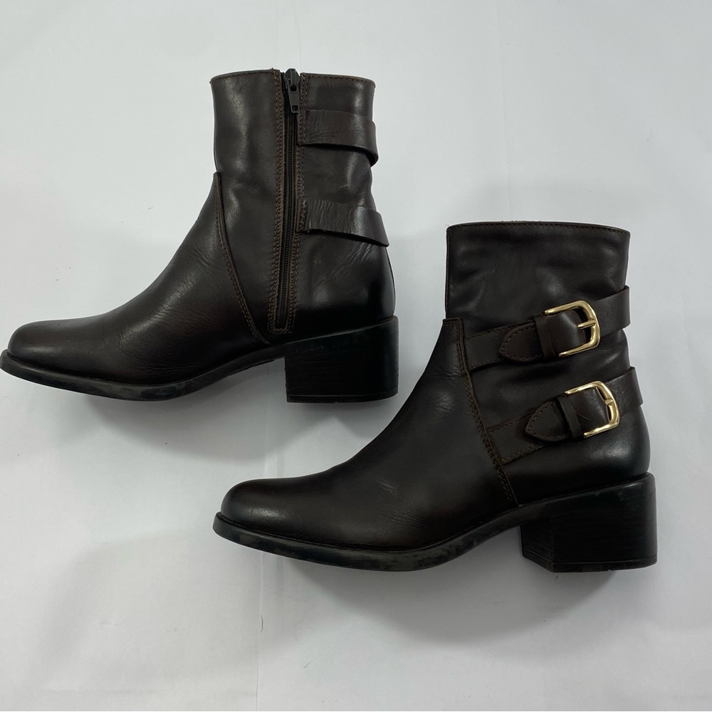 EMANUELE CRASTO Brown Leather Buckle Ankle Boots Size EU38  US 7.5 Made In Italy